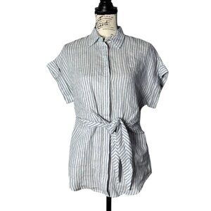 Ralph Lauren Black Label Button-Up Top Linen Waist Tie Blue & White Striped Sz S